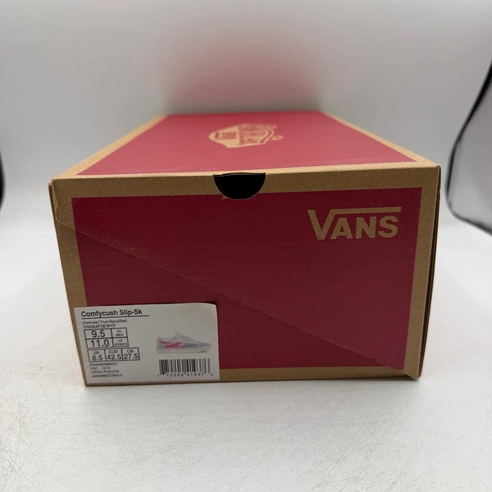 VANS ComfyCush Slip-Skool Shoes Mens 9.5 Womens 11 Navy Blue/Red Low Top Sneaker